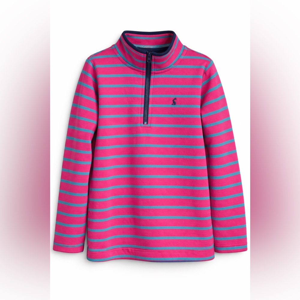 Joules Pink Blue Striped 1/4 Zip Pullover Girls Sweatshirt Bunny Logo Size 9-10